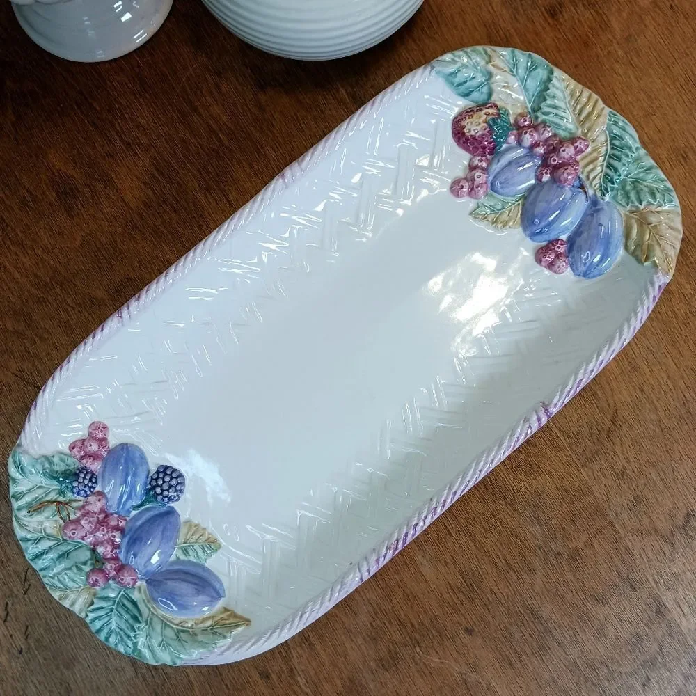 VINTAGE Serving Platter Hand Painted 1970 Majolica Art Ceramic Spring Easter 16